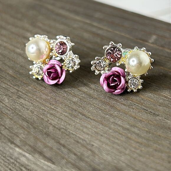 Avon (SAC) Faux Pearl and Mauve Rose Earrings- Romantic Expression - Picture 1 of 5